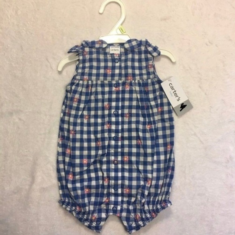 Carter's Romper Baby Girl Blue  NWT Floral Snap‎ Front Bubble Sunsuit 6M